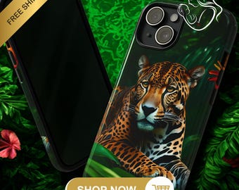 May include: A phone case with a green jungle background and a close-up of a jaguar lying on a leaf. The case has a black border and a camera lens cutout.