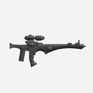 Puede incluir: Un rifle gris oscuro de aspecto futurista con mira telescópica y empuñadura curva. El arma tiene un cuerpo alargado con varias formas ovaladas decorativas y una sección elevada cerca de la mira. El diseño sugiere un tema de ciencia ficción o fantasía.