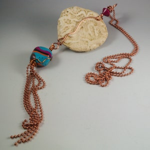 Copper Tassel Ball Chain Necklace Tropical Colors Coral Magenta Pink Turquoise Resort Beach Seaside Ocean No. 186 image 1