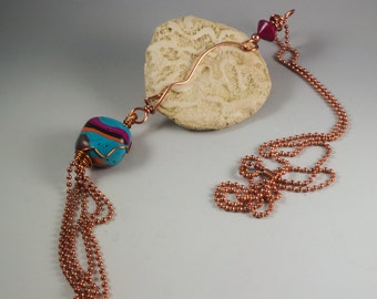 Copper Tassel Ball Chain Necklace - Tropical Colors Coral Magenta Pink Turquoise - Resort Beach Seaside Ocean - No. 186