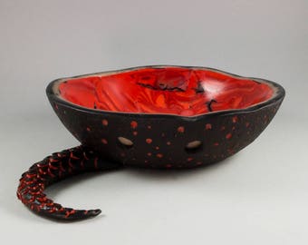 Whimsical Red Black Bowl - Creepy Unusual Dragon Creature Beast Detached Tail Home Decor No. 151