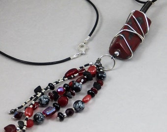 Long Tassel Necklace - Red Jasper Silver and Black Beaded No. 164