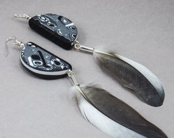 Handcrafted Bird Feather Earrings - Black Gray Silver White Retro Abstract Long Dangle No. 158