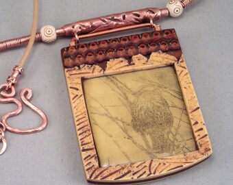 Handcrafted Carved Necklace - Faux Scrimshaw Ivory and Copper Bird Transfer No. 155