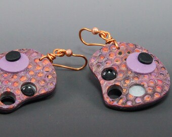 Round Cut Outs Snakeskin Earrings - Pink Copper Purple Silver Perforated Circular Dangle No. 201