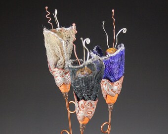 Fantasy Fairy Floral - Alien Fiber Botanical Flowers Sculpture in Copper Purple Black No. 134