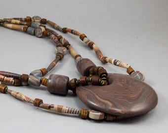 Handcrafted Necklace - Earth Donut Recycled Rolled Paper African Bead Multi-strand No. 113