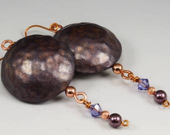 Handcrafted Hammered Lentil Earrings - Purple and Copper Crystal Dangle No. 177
