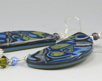 Mod Abstract Earrings - Blue Olive Green Retro Half Moon Dangle No. 183