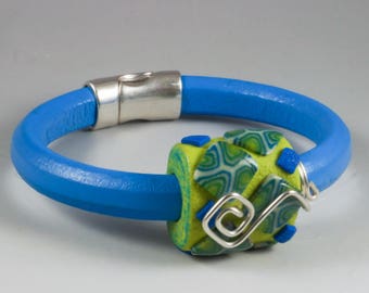 Turquoise Blue Lime Green and Silver Licorice Leather Bangle Bracelet -Wire Wrapped No. 173