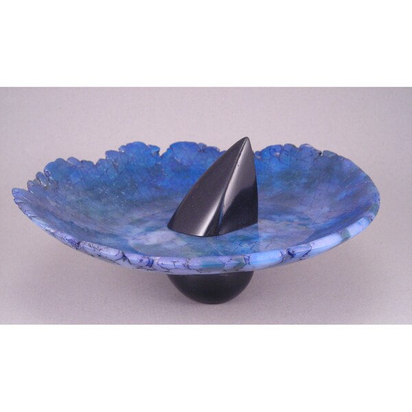 Handmade Bowl - Blue and Green with Tilted Onyx Pyramid No. 117