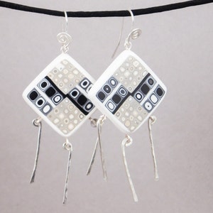 Handcrafted Earrings Black White Taupe Retro Dangle No. 163 image 2