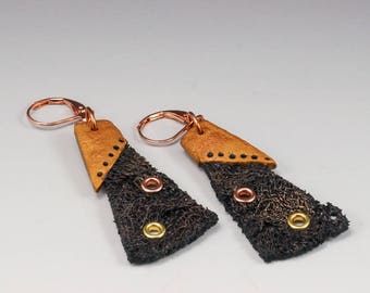 Dangle Earrings - Black Copper Industrial Steampunk Rivet Ruched Gauze Fiber No. 191