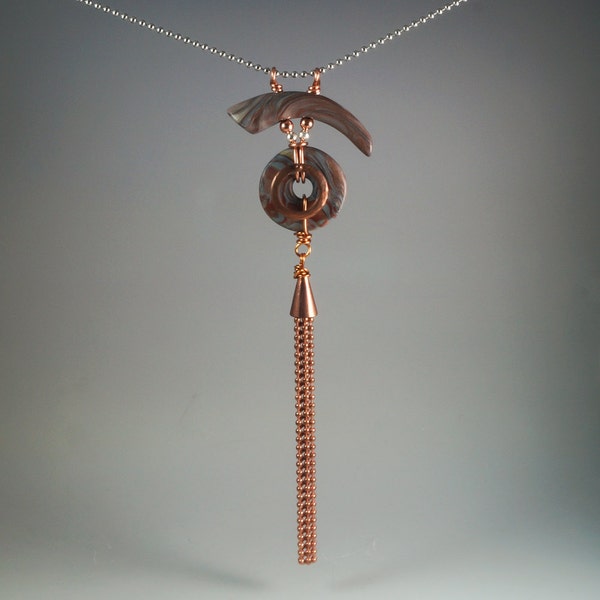 Tassel Ball Chain Necklace - Copper Silver Asian - No. 192