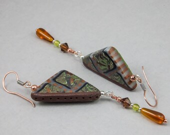Handcrafted Copper Brown Green Triangle Dangle Earrings No. 160
