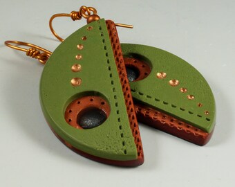 Half Moon Dangle Earrings - Olive Green Copper Perforated No. 186