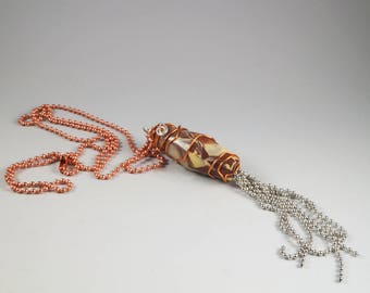 Long Ball Chain Tassel Necklace - Wire Wrapped Copper Brown Cream Silver - No. 189