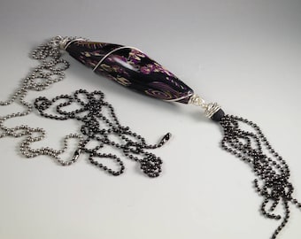 Long Tassel Necklace - Wire Wrapped Black Purple Silver Olive Bullet - Two Ball Chains No. 184