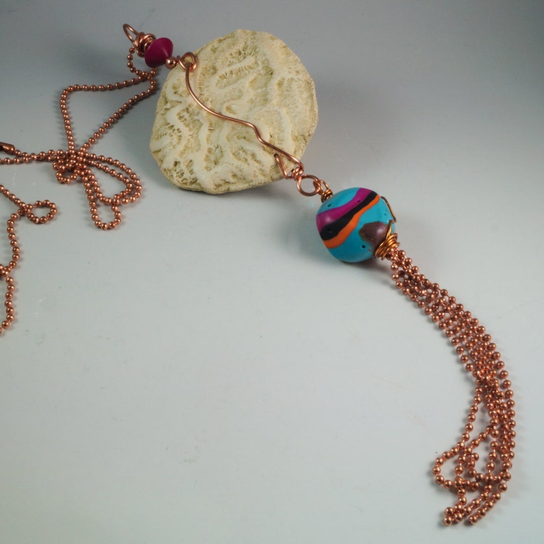 Copper Tassel Ball Chain Necklace Tropical Colors Coral Magenta Pink Turquoise Resort Beach Seaside Ocean No. 186 image 3