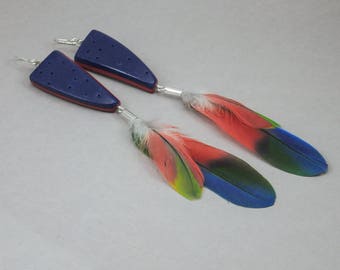 Handcrafted Bird Feather Earrings - Navy Blue Red Green Long Dangle No. 156