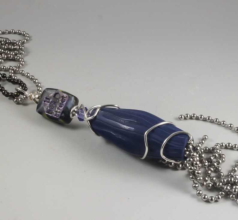 Purple Long Ball Chain Tassel Necklace Wire Wrapped Silver Gunmetal Black Crystal Two Chains Included No. 191 image 4