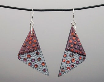 Textured Triangle Snakeskin Earrings - Pink Copper Purple Silver Dangle No. 202