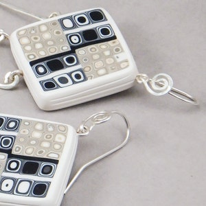Handcrafted Earrings Black White Taupe Retro Dangle No. 163 image 1