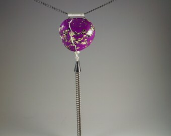 Long Tassel Necklace - Wire Wrapped Black Pink Purple Silver Cream Heart - Two Ball Chains No. 185