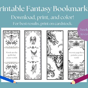 Könnte beinhalten: Ausdruckbare Fantasy-Lesezeichen mit detaillierten Schwarz-Weiß-Designs, darunter Drachen, Vögel und verzierte Rahmen. Der Text lautet "Herunterladen, drucken und ausmalen!" und "Worte sind die Zaubersprüche, die Welten erschaffen." Enthält 4 Lesezeichen zum Ausmalen.