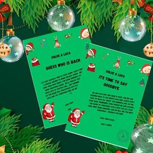 May include: Two green Christmas cards with a festive message. The top card says "Guess who is back" and the bottom card says "It's time to say goodbye". Both cards feature a red and white Santa Claus illustration.