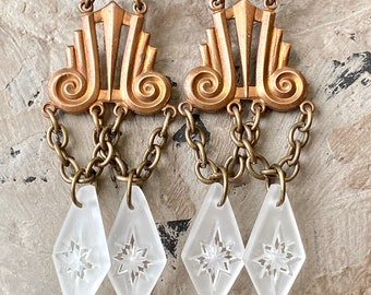 Pendientes largos colgantes de latón y cristal vintage Art Déco