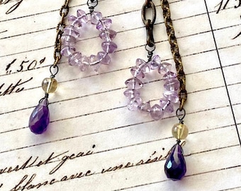 Amethyst and Citrine Chain Long Dangle Earrings