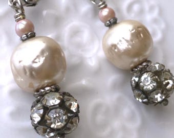 Pendientes colgantes de plata de ley con cristales y perlas barrocas vintage color crema marfil