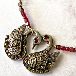 Vintage Sterling Marcasite Swan Garnet Strand Necklace