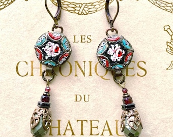 Pendientes largos colgantes de pirita y granate con micromosaico italiano vintage