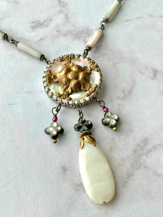 Mother of Pearl MOP Antique Button Lavaliere Necklace