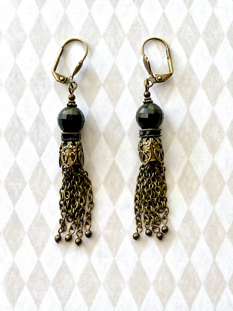 Tassel Earrings on Gray Charcoal Faceted Quartz Dangle