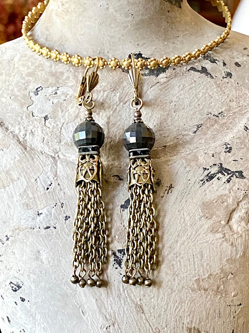 Tassel Earrings on Gray Charcoal Faceted Quartz Dangle