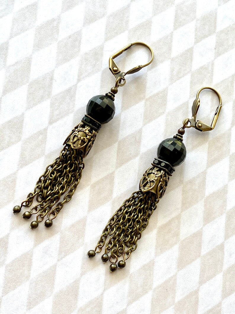 Tassel Earrings on Gray Charcoal Faceted Quartz Dangle