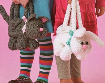 Modelli all'uncinetto per borse a forma di animale. Crea 5 borse a forma di cane, gatto, mucca, maiale, orso, coniglietto, gattino, cucciolo. Scarica subito il modello elettronico.
