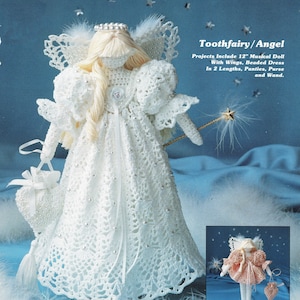 Puede incluir: Una muñeca de hada de los dientes o ángel de crochet con alas blancas, un vestido con cuentas, un bolso y una varita mágica. La muñeca mide 30 cm de alto y forma parte de un proyecto de artesanía.
