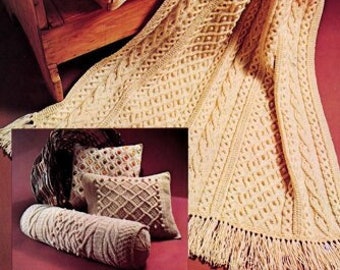 Modello per coperta e cuscini Aran da lavorare a maglia (download in PDF)