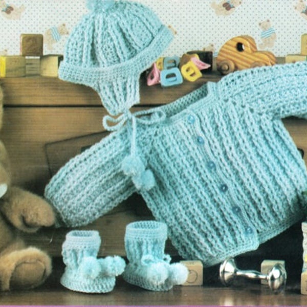 Baby Jacket Set CROCHET PATTERN Ribbed Sweater~Hat~Booties~Layette~0-3 month e-pattern  Instant DOWNLOAD