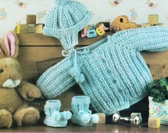 Baby Jacket Set CROCHET PATTERN Ribbed Sweater~Hat~Booties~Layette~0-3 month e-pattern  Instant DOWNLOAD