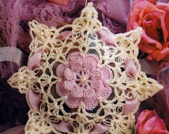 Pretty Crochet Circular Hanging Lavender Sachet In Sparkly Pink with a Sparkly Magenta Flower