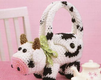 Modelli all'uncinetto per borse a forma di animali per bambine. Crea 5 borse a forma di cane, gatto, mucca, maiale, orso, coniglietto, gattino, cucciolo. Download immediato del modello elettronico.
