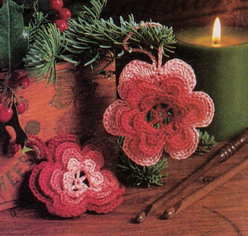 Quick Easy Gift Roses & Stars CHRISTMAS ORNAMENT Crochet PATTERNHang on Tree RoseStar pdf Instant Download image 2
