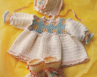 Easy Baby Layette Set CROCHET PATTERN Dress~Bonnet~Booties 6 months-1 year Quick Take-along  e-pattern  Instant DOWNLOAD