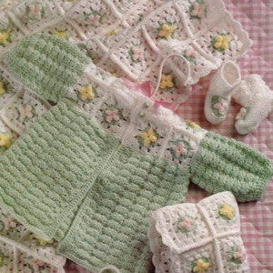 Quick Easy Sweet Baby Layette Set CROCHET PATTERN Afghan Blanket~Sweater~Bonnet~Booties Newborn Granny Square  e-pattern  Instant DOWNLOAD