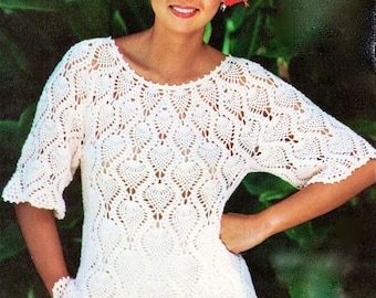 Modello all'uncinetto vintage anni '70 per camicetta con top e tunica a forma di ananas in pizzo, e-pattern da scaricare immediatamente